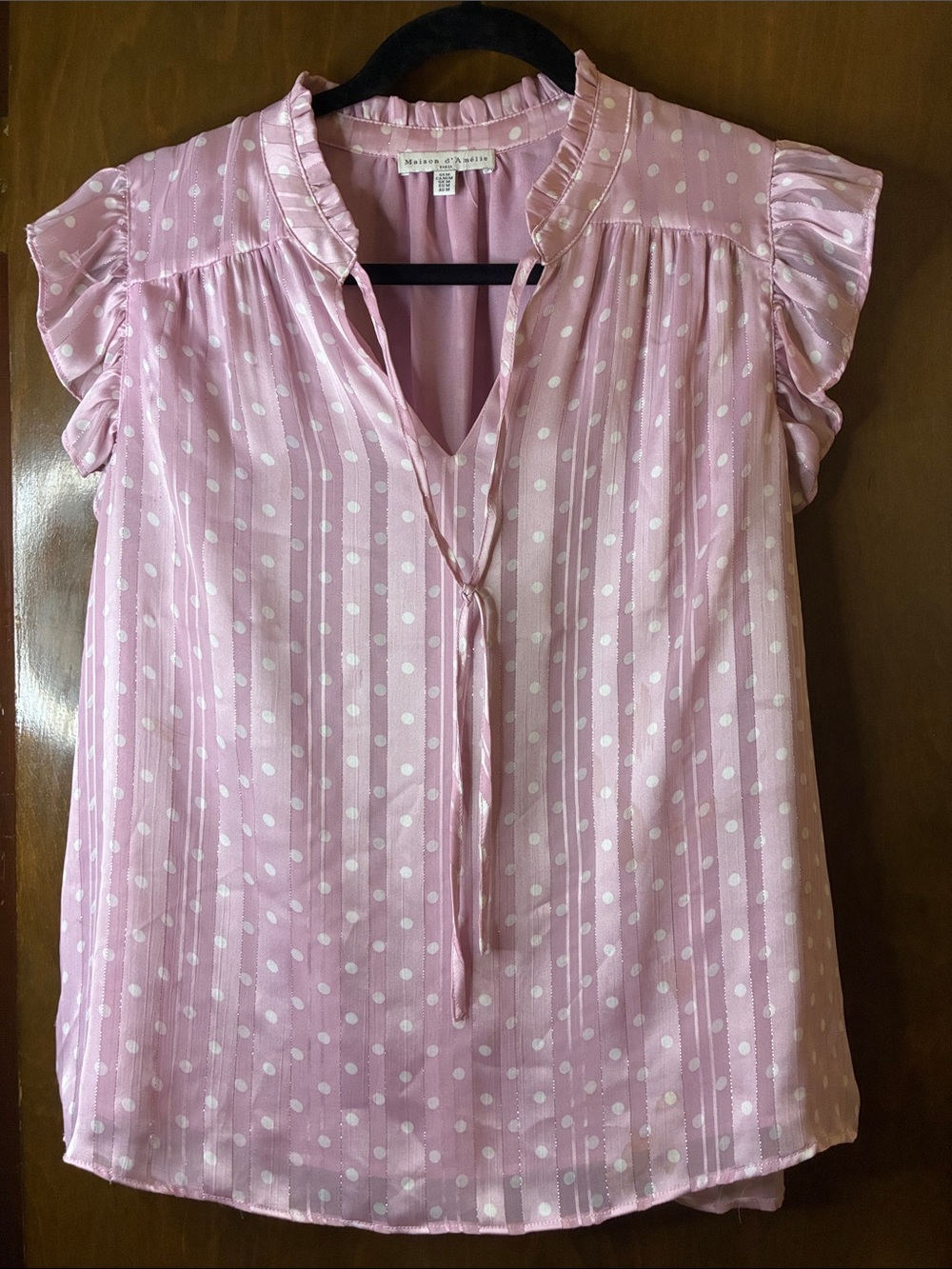 Maison de Amelie Pink Polka Dot Tie-Front Ruffle Sleeve Blouse